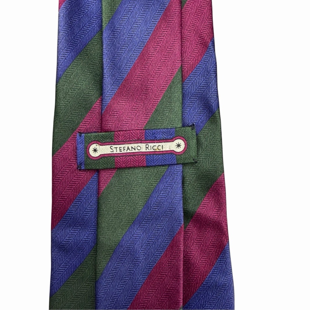 Stefano Ricci Men's Tie Navy/Red/Green Herringbone Striped 3 5/8" (W) x 60" (L)